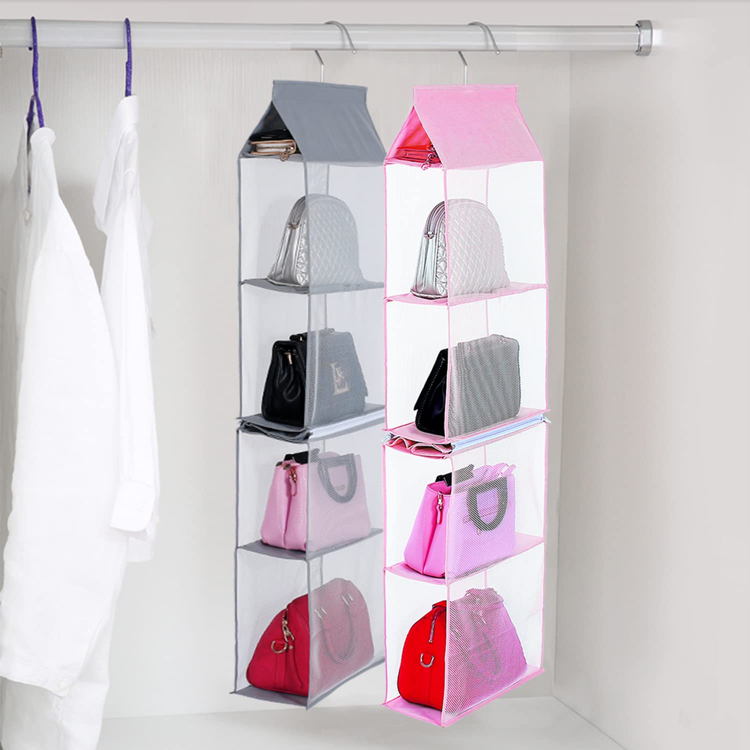KEEPJOY Organizador de bolso para armario, organizador de bolso colgante con 4 estantes de malla resistente (rosa)