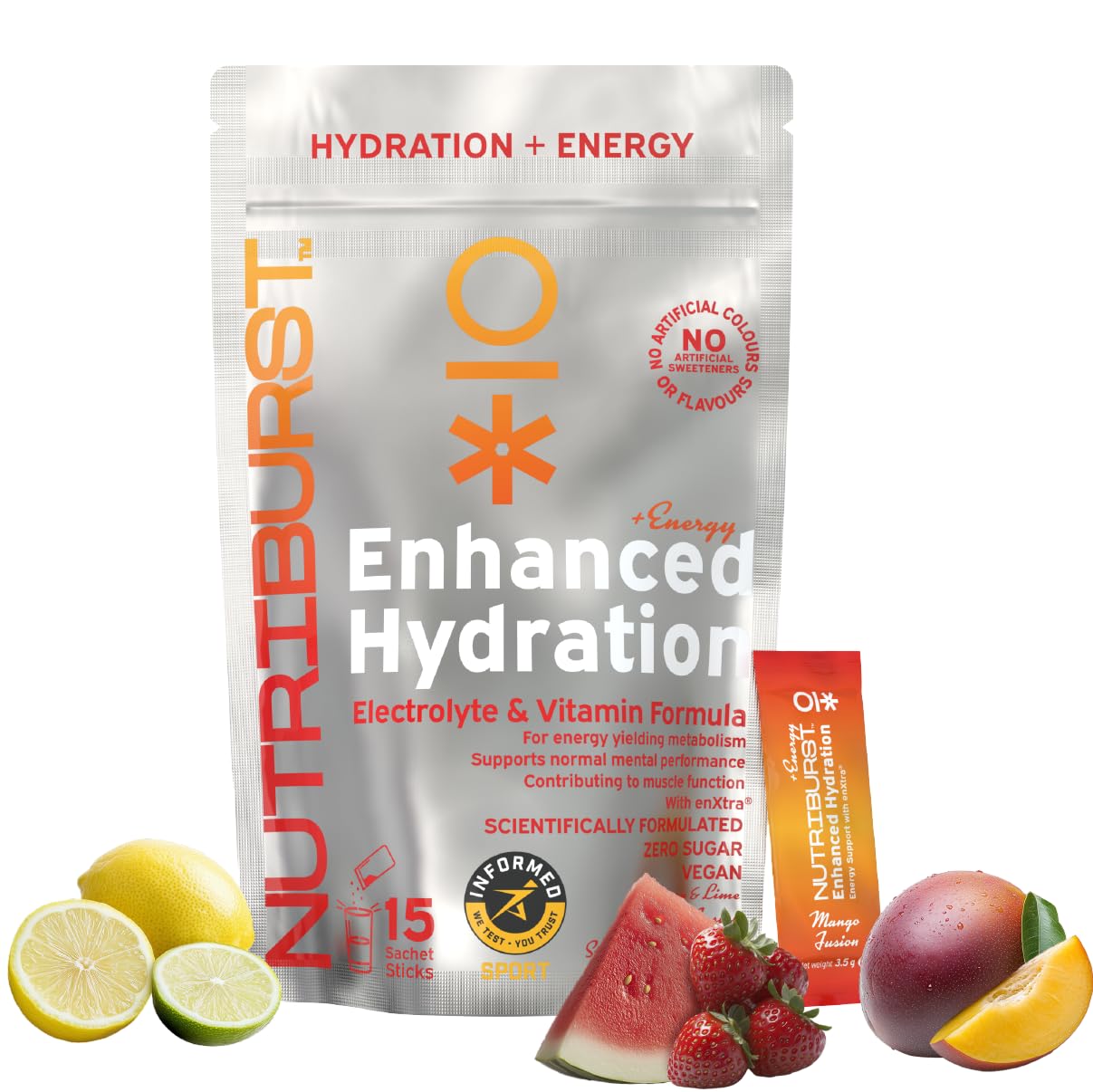 Nutriburst - Energy Electrolytes + 11 Vitamins & Minerals • Energy • Natural Caffeine • Performance - Suitable for Vegans - 15 Pack: Mango, Lemon & Lime, Strawberry & Watermelon - Enhanced Hydration