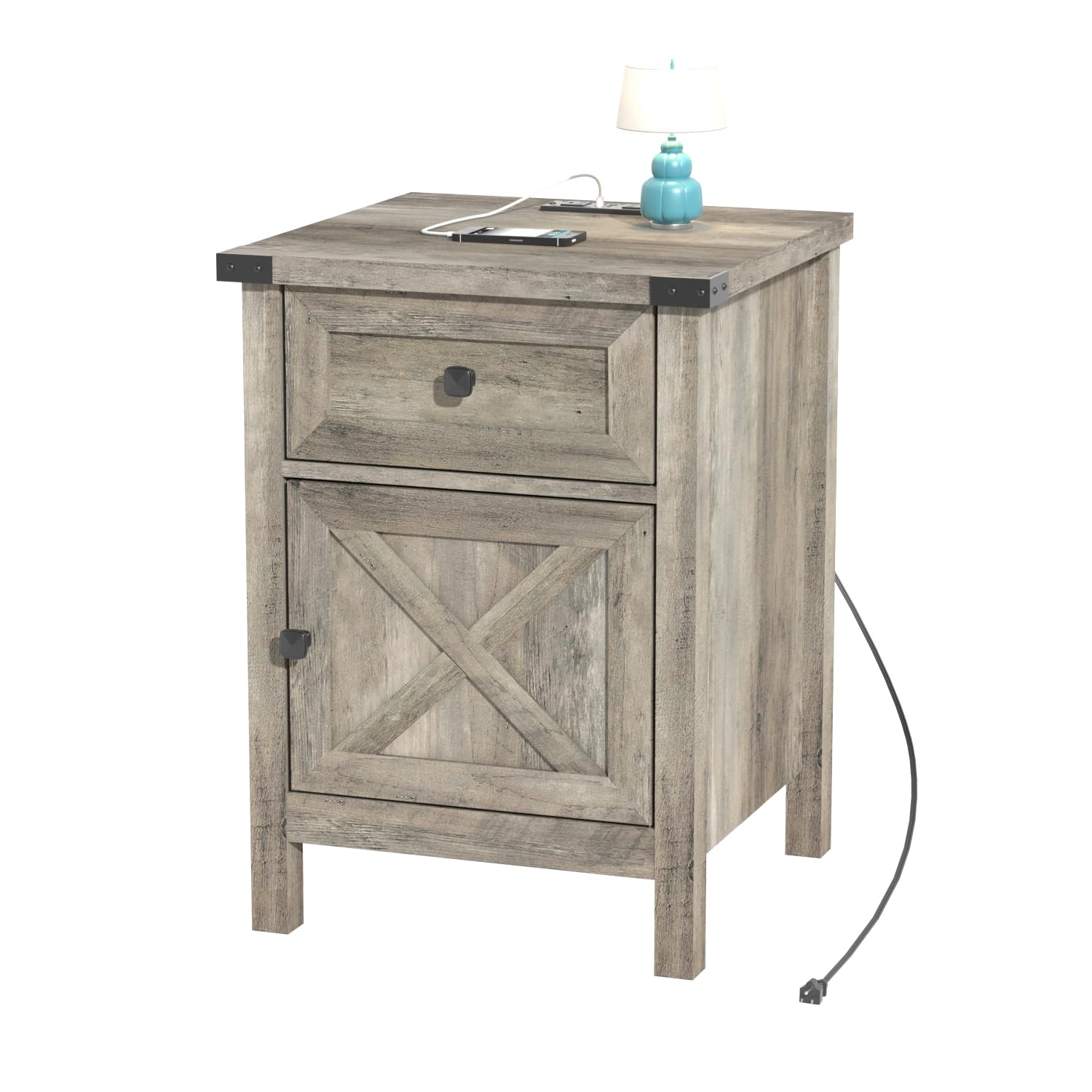Farmhouse Nightstand with Charging Station, Rustic End Table with Barn Door and Drawer, Storage Bedroom Living Room Side Table Grey Night Stand Industrial Bedside Table with USB Ports and Outlets