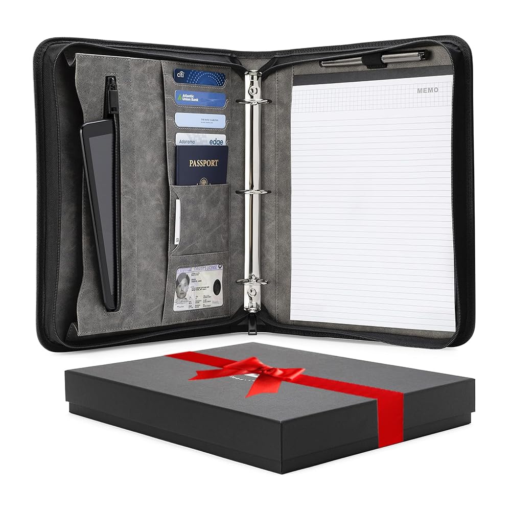 Forevermore Portfolios Portfolio Organizer - 1.5" Ring Binder with Notepad - Zippered Storage Pouch for Papers, Travel Documents, Presentation Folder - Gray