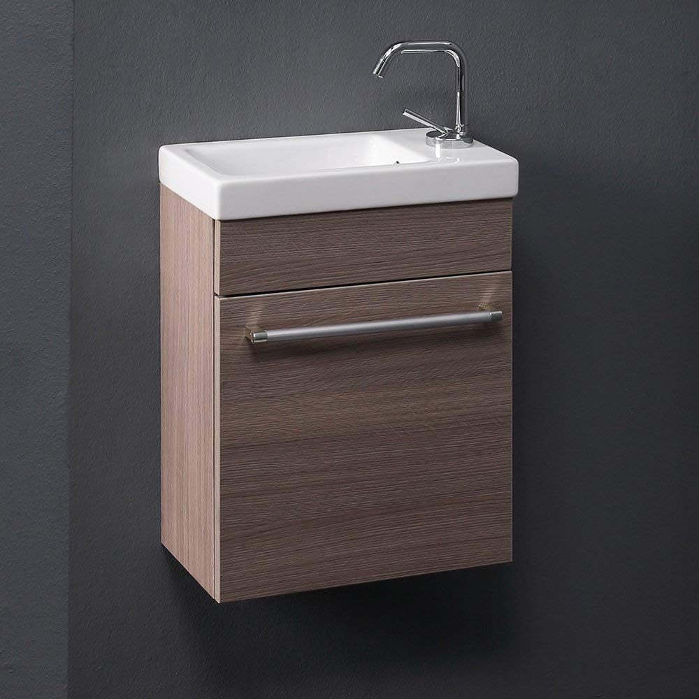 Kiamami Valentina Mobile Bagno Sospeso Salvaspazio Rovere Fumo Smart | Base 42,5x22,5x55,6 cm, lavabo ceramica reversibile, specchio con mensola, ideale per bagni piccoli