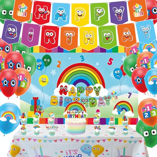 56 Pcs Number Birthday Party Decorations include Banner Backdrop Balloons Cake Toppers Tablecloth for Kids Birthday Party Math Themed Party Baby Shower Classroom Activity Supplies