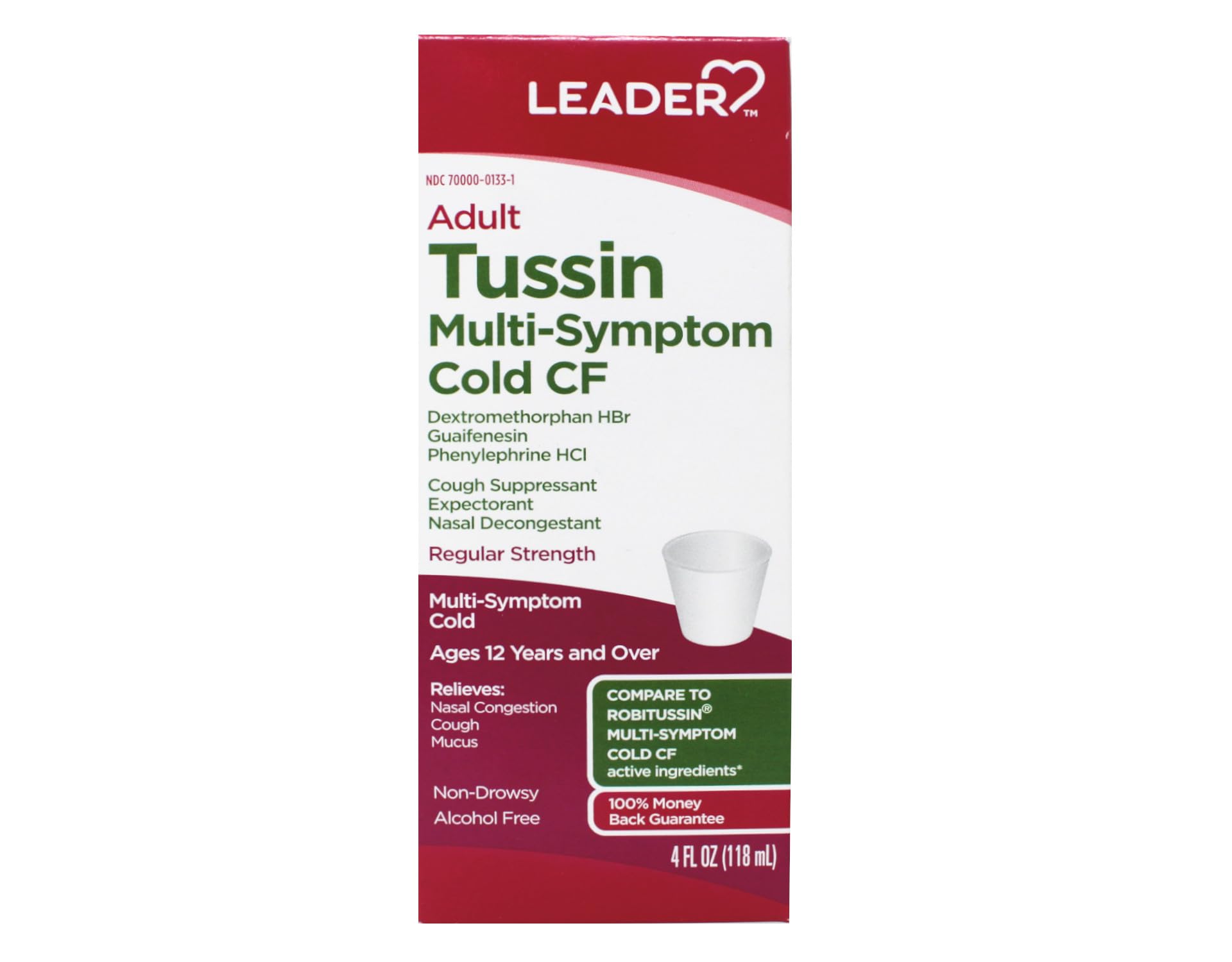 Leader Adult Tussin Multi-Symptom Cold CF Regular Strength, Dextromethorphan HBr, Relives Nasal Congestion, Cough, Mucus, 4 fl oz (118 ml) Pack of 1