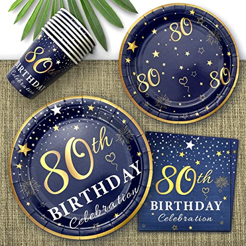Image of 80th Birthday Decorations Plates and Napkins Blue and Gold, Service for 30, 80th Birthday Party Bundle Includes Navy Blue Plates, Napkins, Cups 80th Birthday Supplies for Men Women