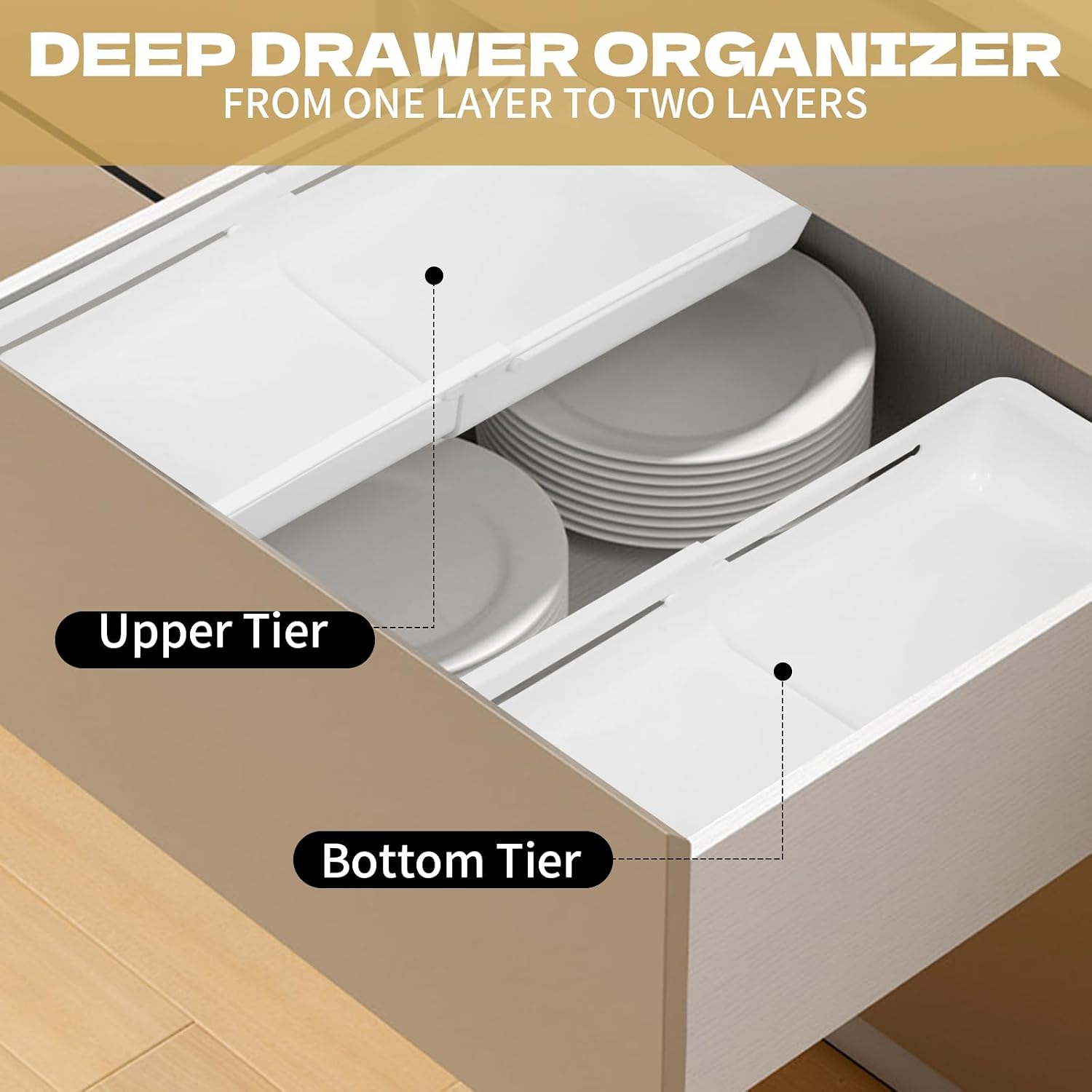 2 PCS Deep Drawer Organizer Bin Adjustable and Expandable Sliding Storage Trays Sliding Drawer Organizers Trays for Kitchen Utensils Office Supplies Makeup and Tools, White (17.4''-27.5'')
