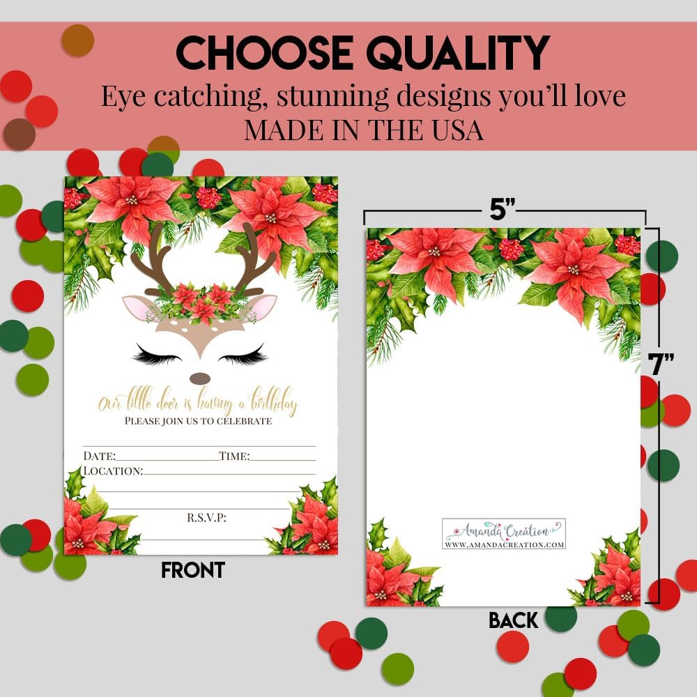 Christmas Invitations with Envelopes – Little Deer Reindeer Face with Watercolor Poinsettias, 20 Pack 5x7 Double Sided Fill-In Invite Cards with Twenty White Envelopes Perfect for Birthday Parties