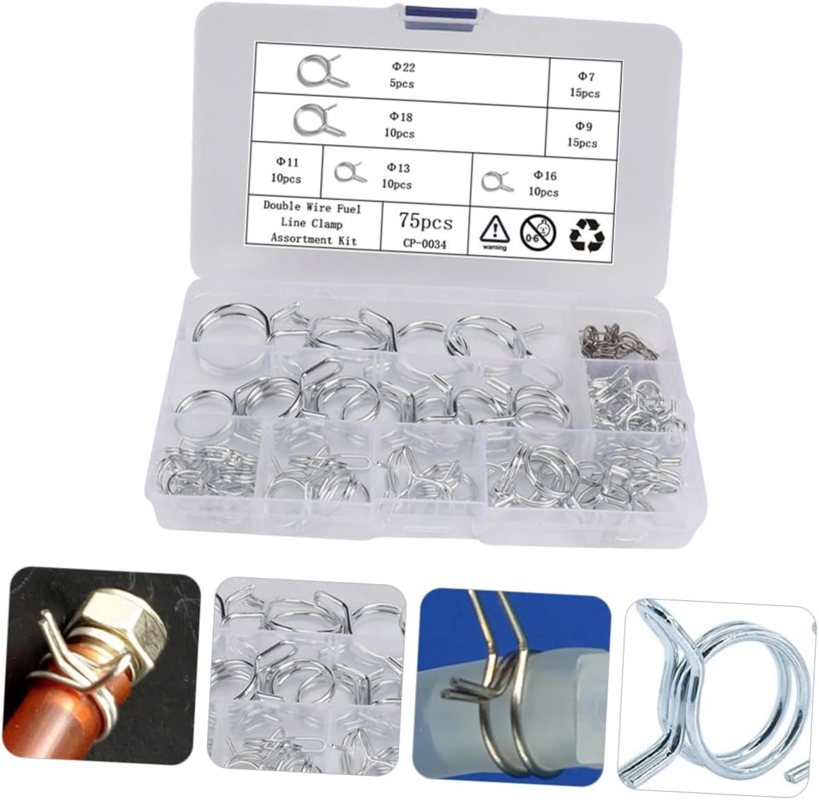 75pcs Double Wire Hose Clamps Assortment Kit Φ6.7-φ23 Carbon Steel Water Line Clips Fasteners for Automotive Fuel and Air Tubing Repairs