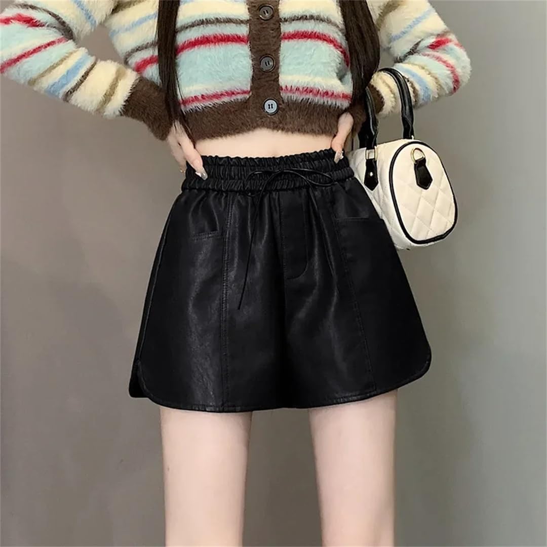 Women's Winter PU Leather Shorts High-Waisted Slimming Loose-Fit Casual Boot Pants