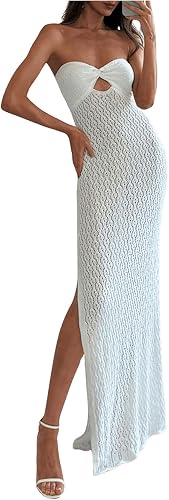 Milumia Women's Twist Front Cut Out Crochet Dress Strapless Split Thigh Bodycon 