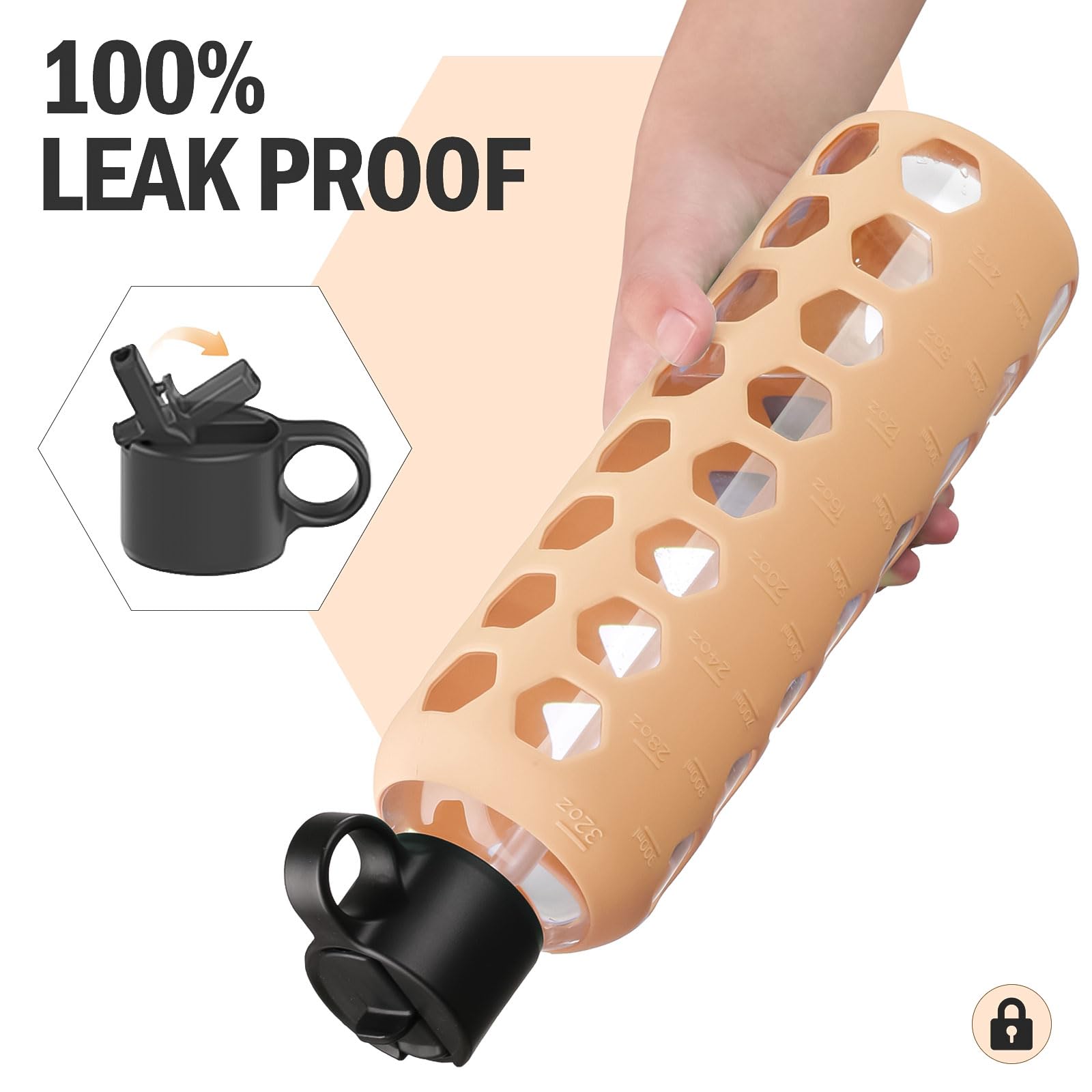 BLUEGO Borracce in vetro, 900ml Bicchiere in vetro, Bottiglie per bere con 2 coperchi, Bottiglia per l'acqua sportiva con custodia in silicone, A prova di perdite, Ambra