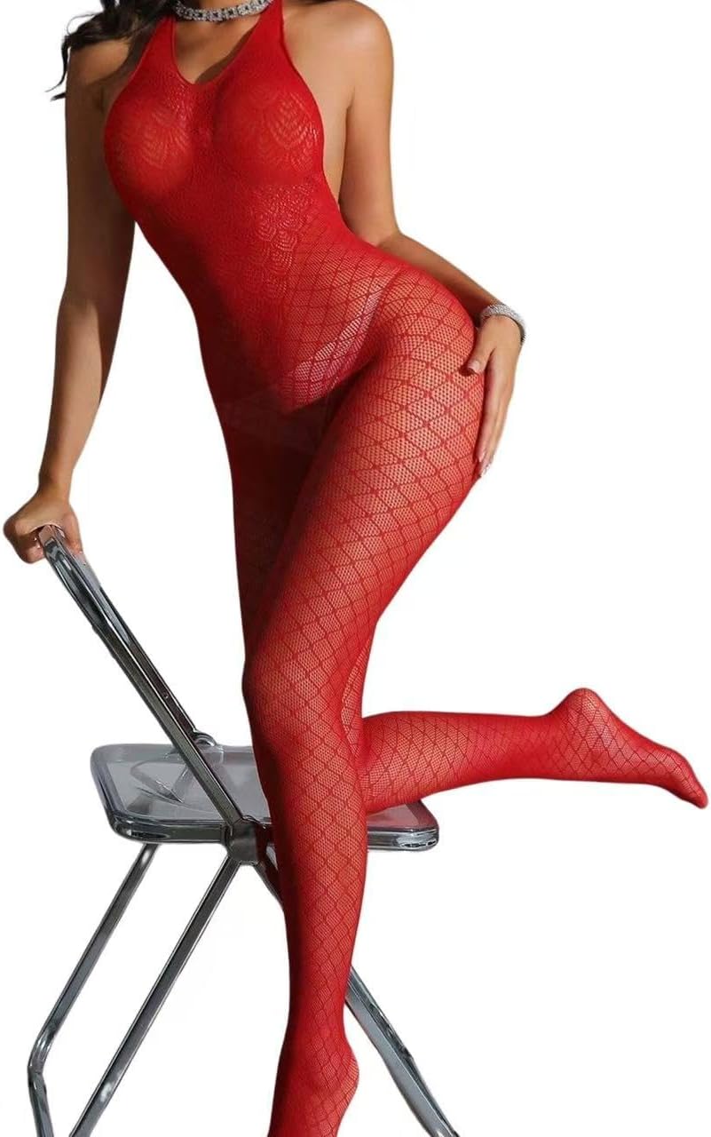 Women‘s Red Mesh Halter Bodysuit - Stage & Theatre Performance Wear