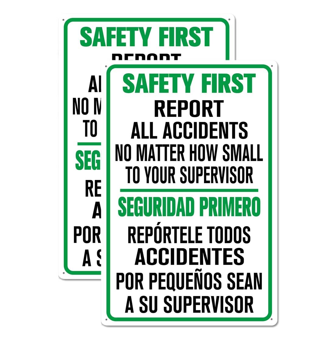 2 Pack 8x12 Inch Aluminum Safety First Sign Report All Accidents To Supervisor Signs Safety Bilingual Sign for Workplace, Business, and Construction Site