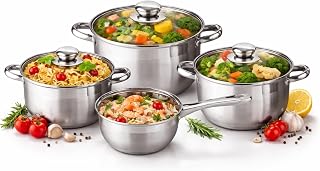 Topfset Induktion 7-teilig, Edelstahl satiniert, für alle Herdarten, Kochtöpfe mit Glasdeckel, Induktions Töpfe Set, Topf Set, Kochtopfset,