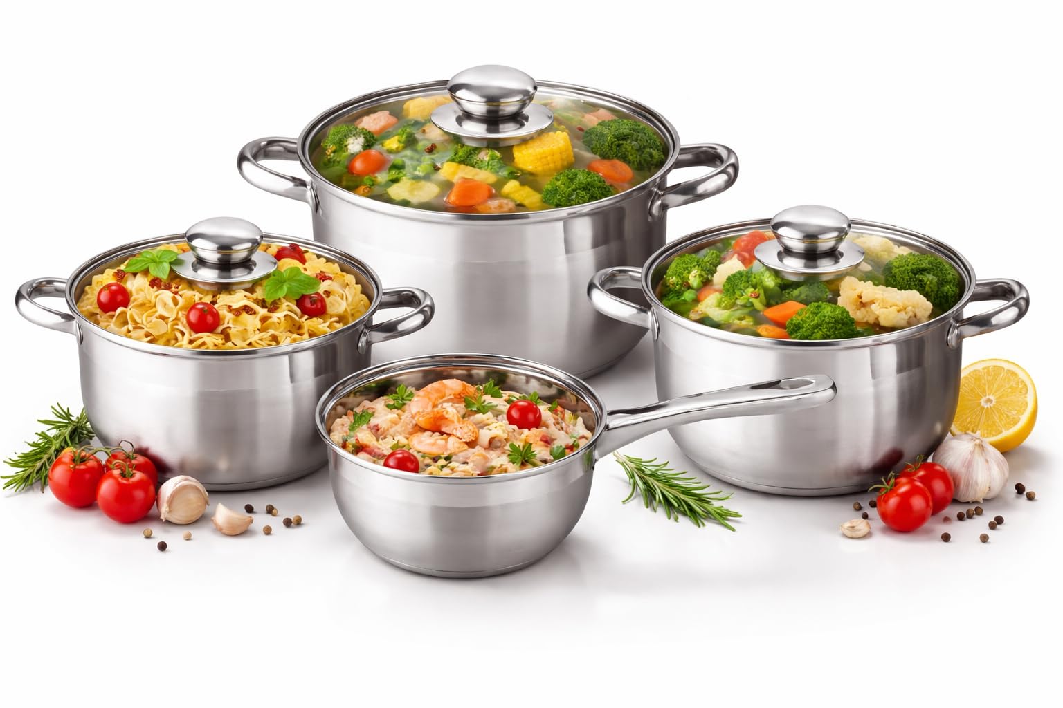 Topfset Induktion 7-teilig, Edelstahl satiniert, für alle Herdarten, Kochtöpfe mit Glasdeckel, Induktions Töpfe Set, Topf Set, Kochtopfset,