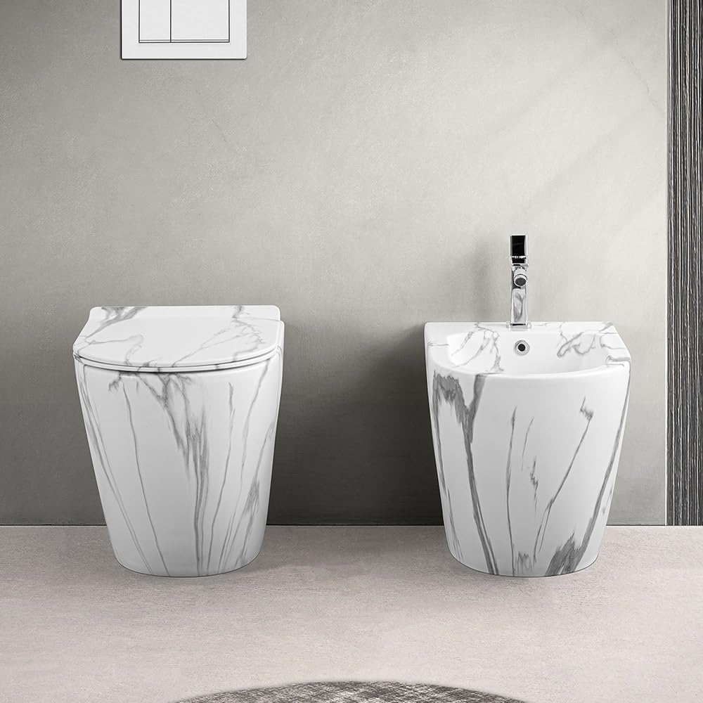 Set Sanitari Filomuro Rimless In Ceramica Con Effetto Marmorizzato Bianco Linea Tokyo, L 36 x P 56 x H 41 Cm, Completo Di Sedile Soft-Close