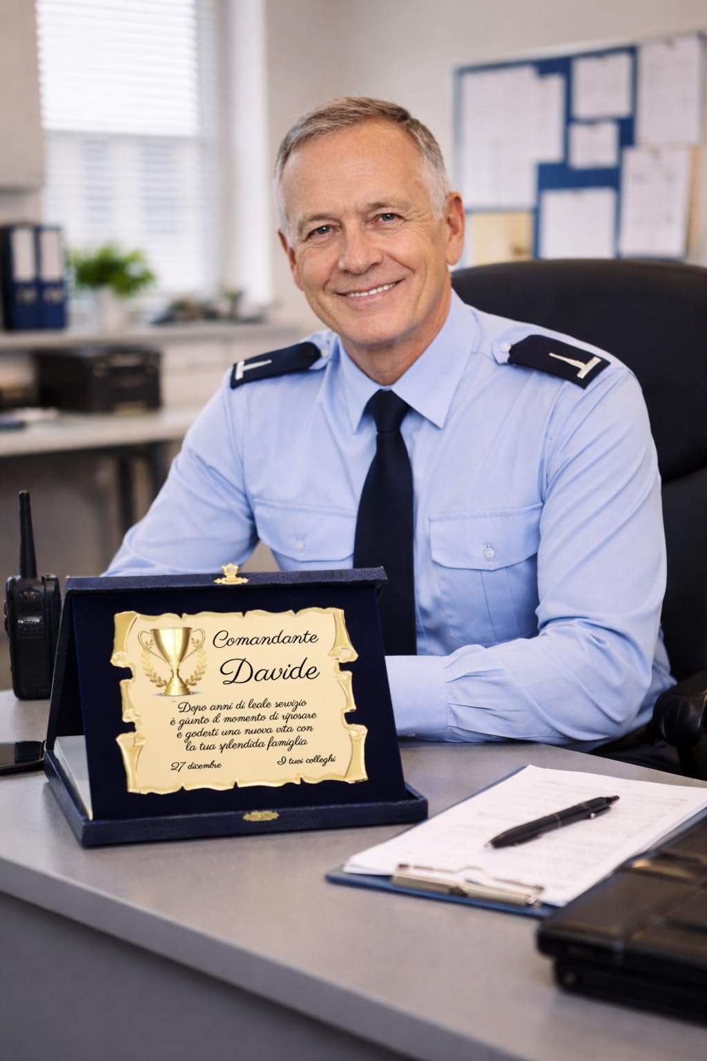 Targa Regalo per Pensione Personalizzata | Targhetta per Pensionato o Pensionata con dedica Personalizzabile | Congratulazioni per Pensione Pergamena Dorata con Cofanetto Blu