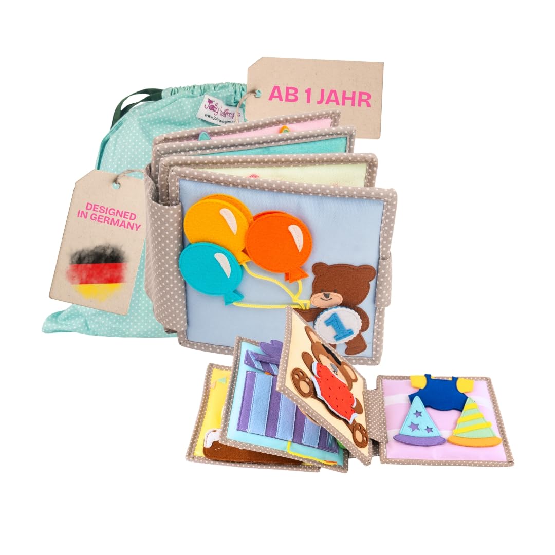 Jolly Designs – Happy Bearsday - 6 Seiten Mini Quiet Book – Montessori Spielzeug ab 1 Jahr – Motorik & Sensorik fördern – Handgefertigtes Filzbuch – Lernspielzeug für Kleinkinder – Busy Book