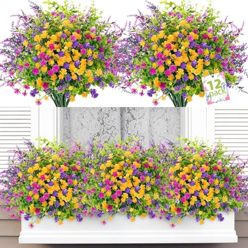 ATTGREAT 12 Boudles Outdoor Artificial Flowers UV Resistant for Planters and Baskets