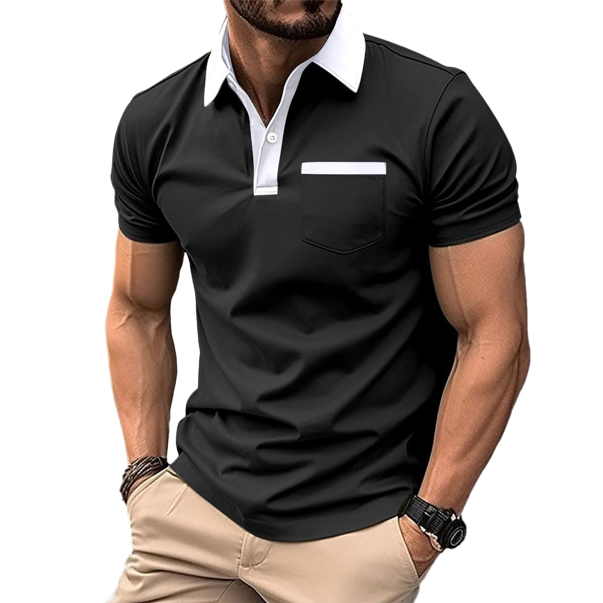 Mens Casual Polo Shirts Short Sleeve Button Golf Slim Fit Shirt with Pocket & Collar Lightweight Spring Summer Stylish Tops Black