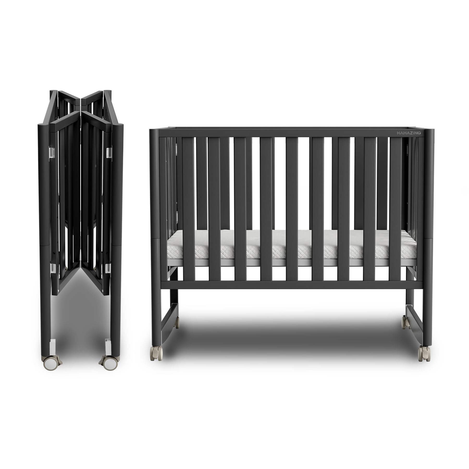 MAMAZING EvoNook 6-in-1 Convertible Mini Crib, 100% New Zealand Pinewood, 4 Adjustable Mattress Heights, Black with Matttress (Crib with Mattress, Black)