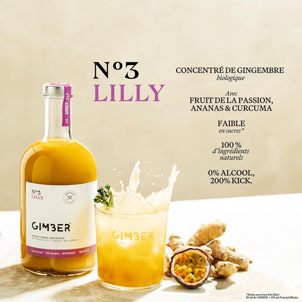 Concentré de gingembre Gimber au fruit de la passion, 100% naturel et vegan | N°3 500 ml Lilly | Concentré de gingembre bio, boisson au gingembre vegan avec fruit de la passion, ananas et curcuma