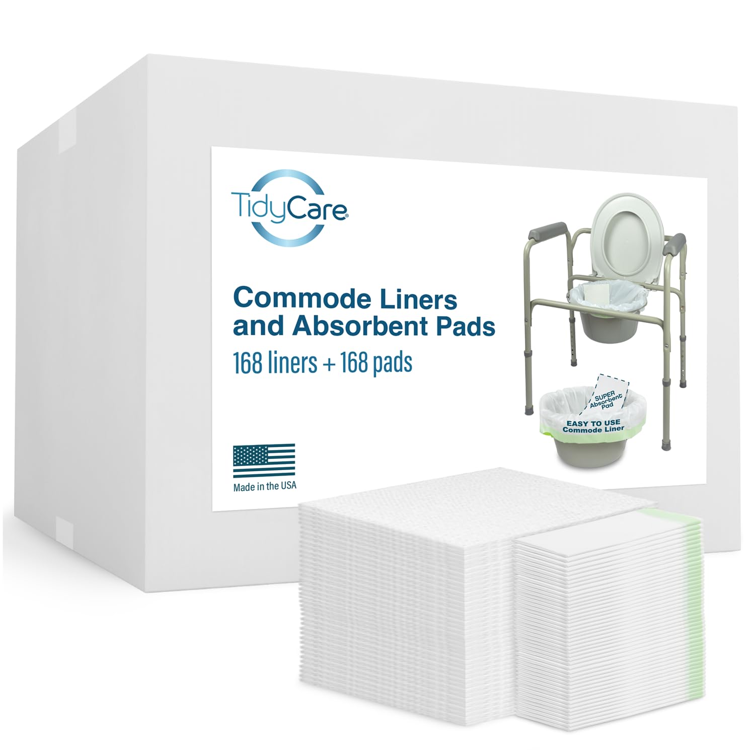 TidyCare Revestimientos para inodoro y almohadillas absorbentes para asiento de inodoro portátil y bandeja de cama, paquete combinado XL de 168 bolsas de basura desechables y 168 almohadillas, forros
