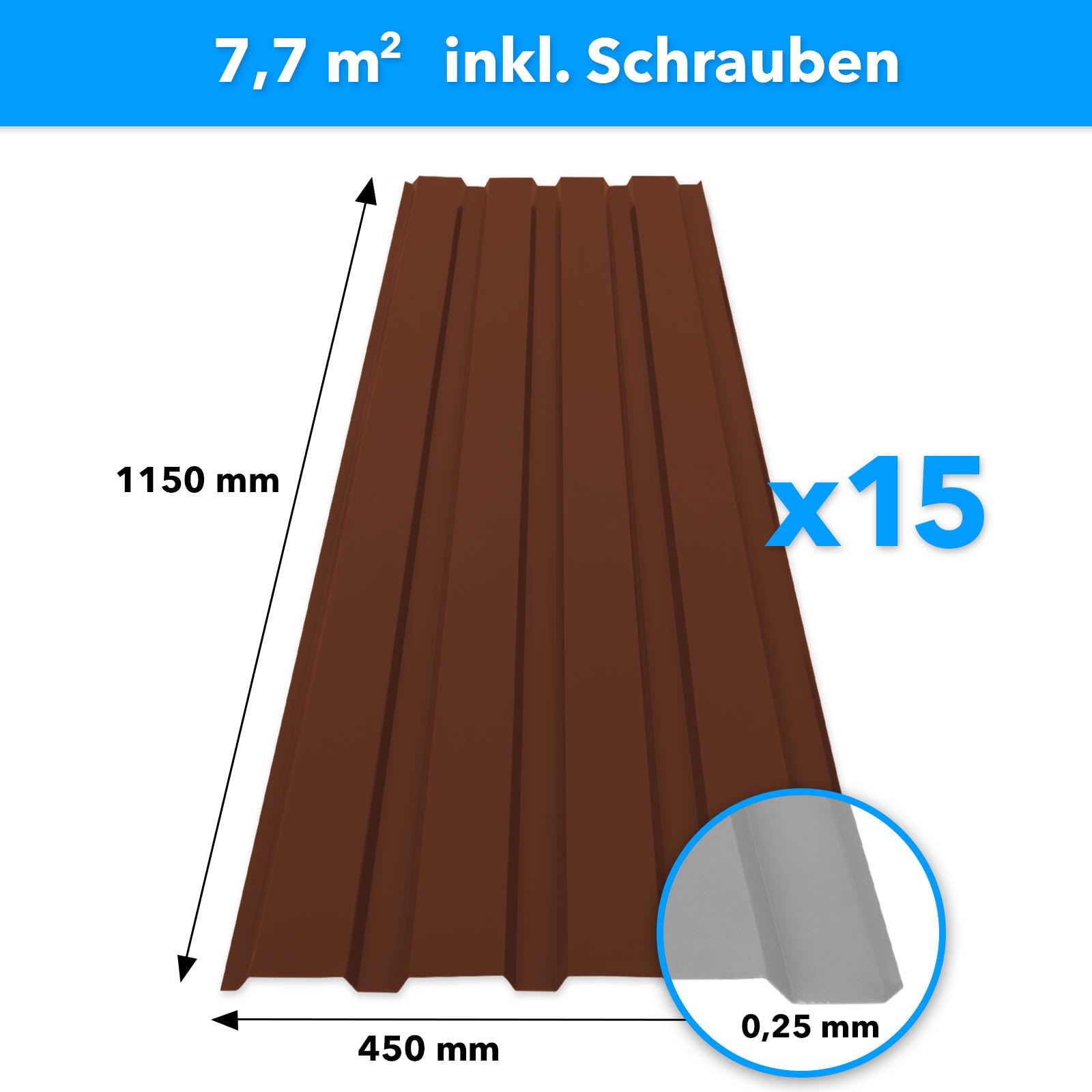 KARAT - 15 Piezas de Chapa Trapezoidal de 115 x 45cm – Juego de Chapa perfilada con Tornillos – 7,7m² Chapa de Techo – Grosor 0,25mm – Placas de Techo, Chapa de Acero, Revestimiento de Pared (marrón)