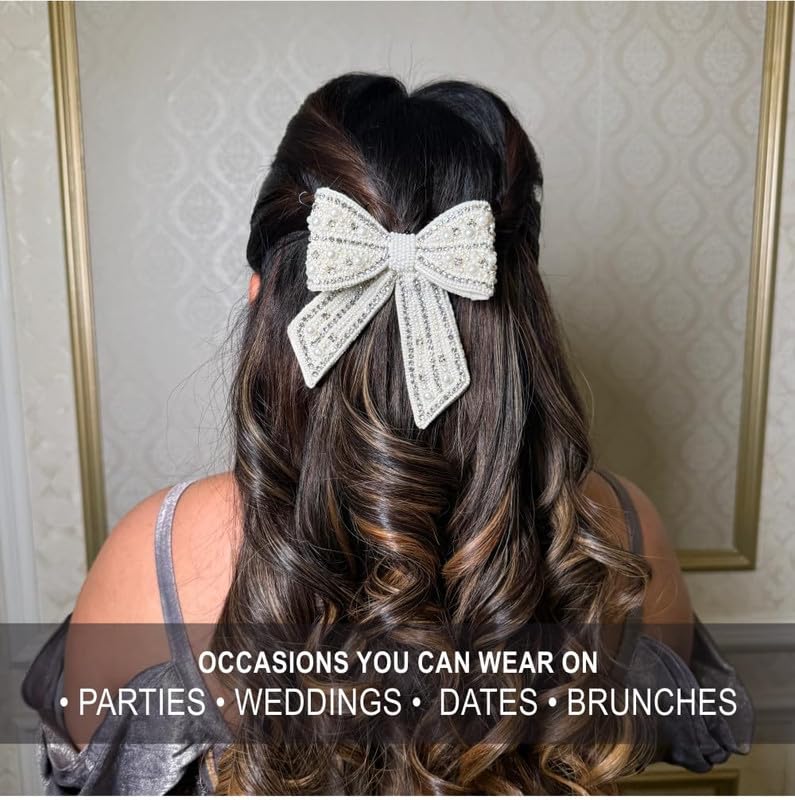 Hair Drama Co. Pearl Hair Bow With Barrette Clip | Embellished Crystal Hair Bow - Off White | Long Tail Hair Ribbon Slides With Metal Barrette Clips | Handmade French Hair Accessories