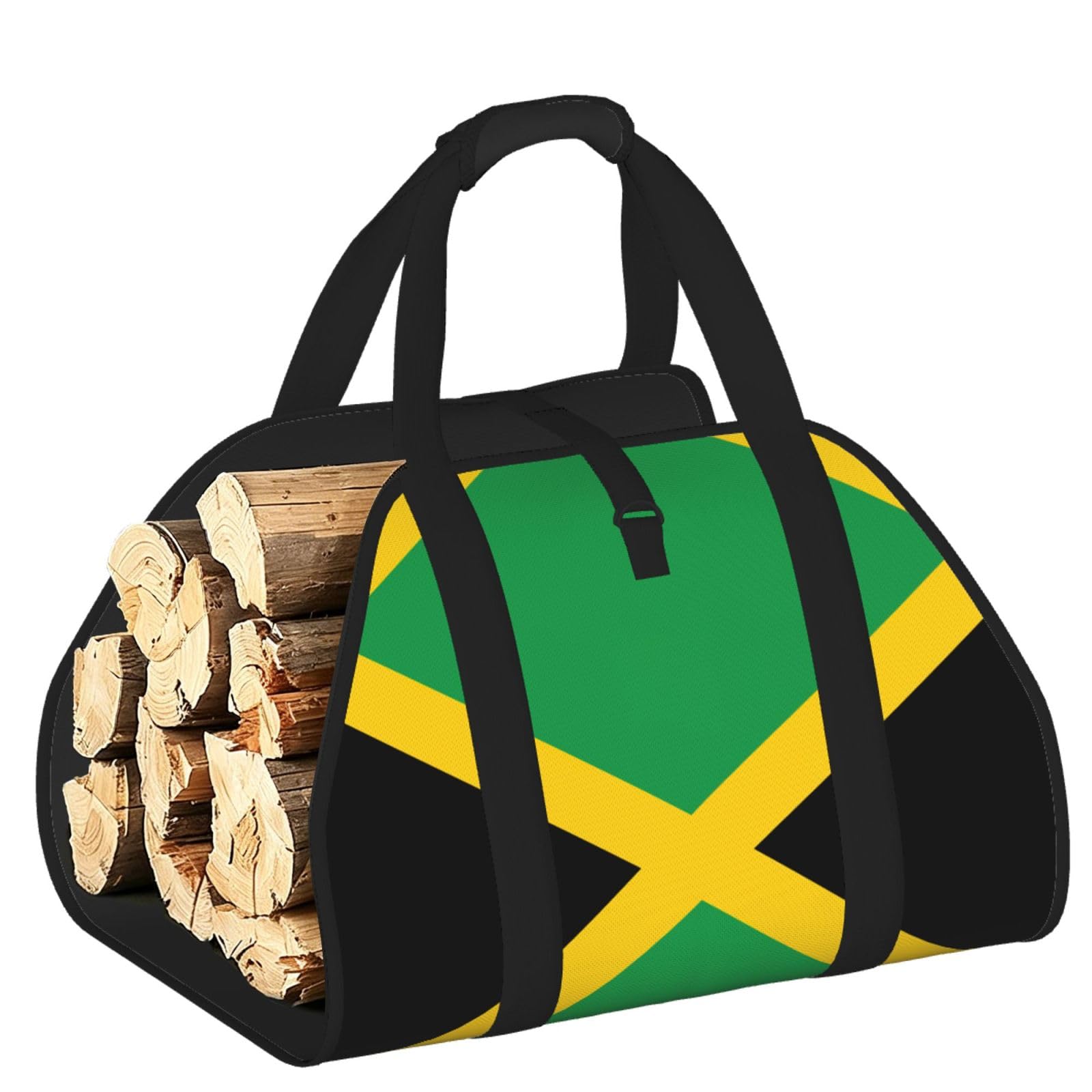 Flag of Jamaica Printed Firewood Log Carrier, Large Tote Bag with Reinforced Handles for Camping Fireplace Home