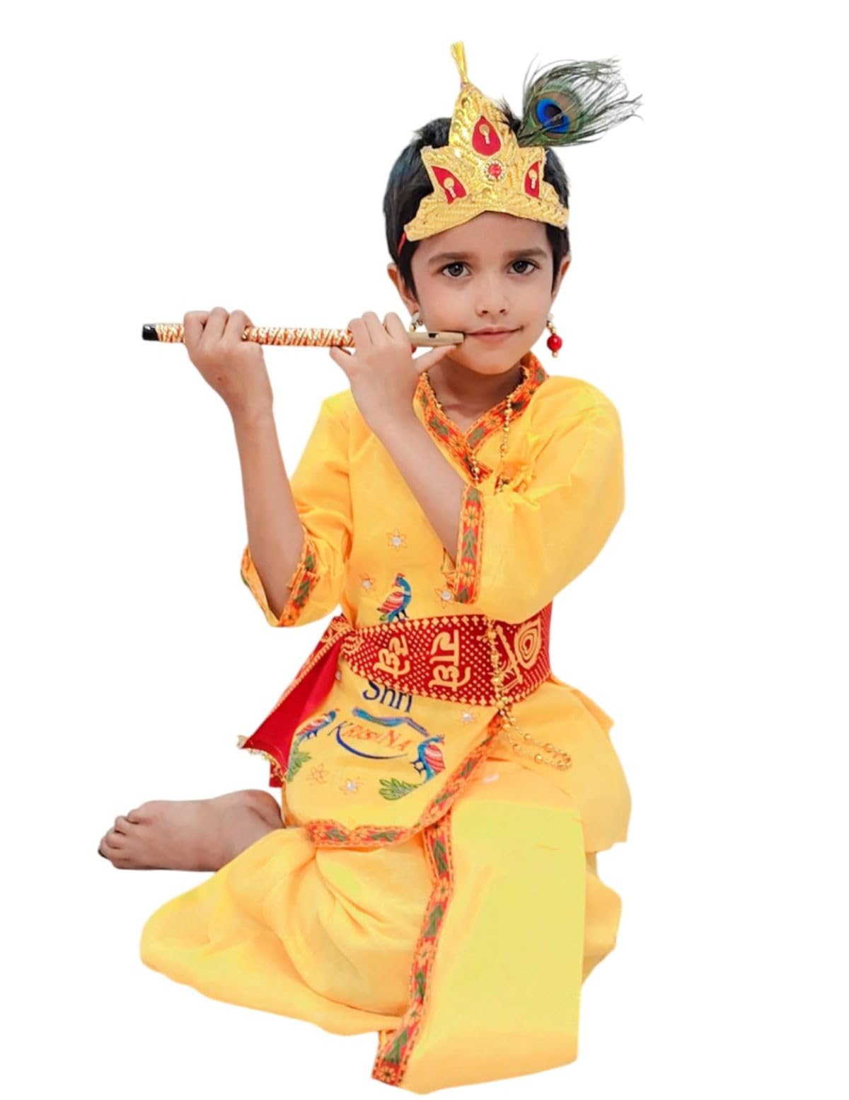 BookMyCostume Krishna Dress for Baby Boy | Print Shri Krishna Costume for Kids with Patka, Flute, Mukut & Mala | Janmashtami Photoshoot Outfit | Fancy Dress RolePlay costume for kids | 3-4 Years - Image 7 thumbnail