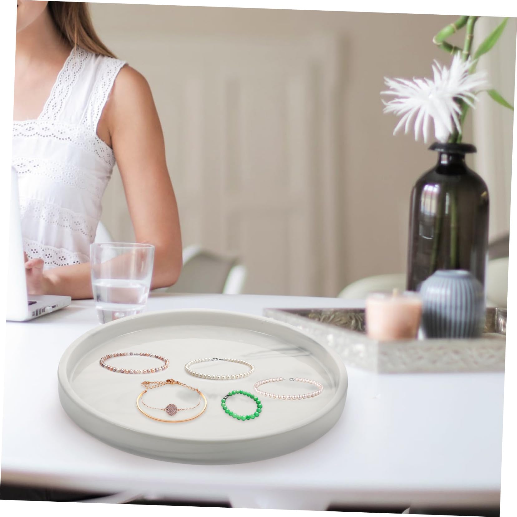 Yardwe Vassoio in Ceramica con Effetto Marmo 25cm Porta Gioielli Piccolo per Bracciali e Collane, Facile da Pulire per Esposizione e Organizzazione Elegante