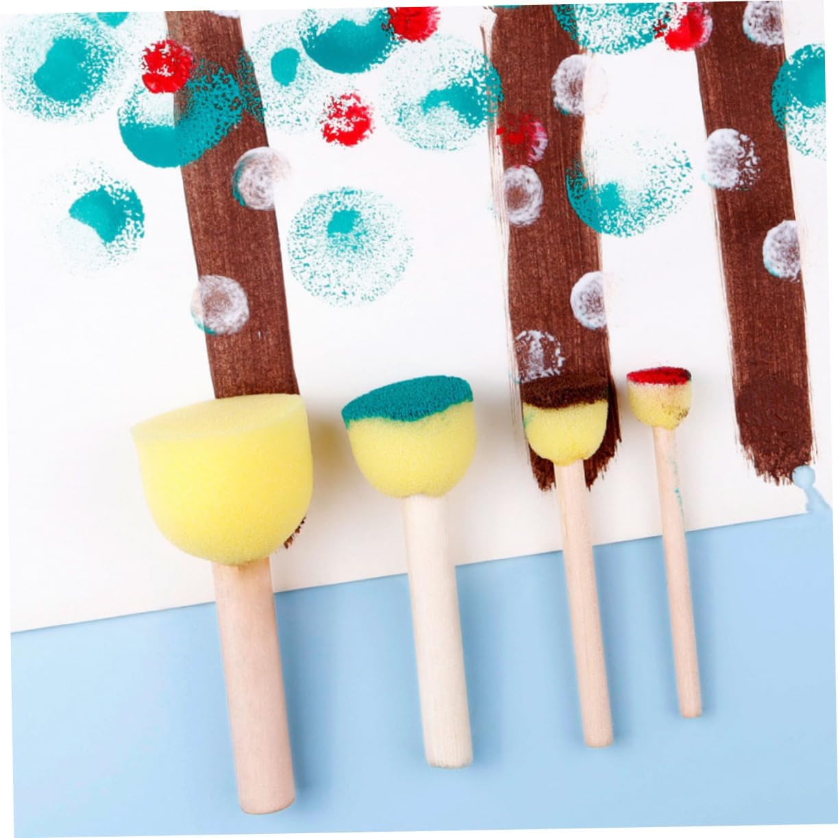 SHINEOFI 12 Pcs Wooden Handle Sponge Brushes for Painting Art Tools Comfortable Grip Doodling Sponges for Unique Shapes and Patterns Easy to Use and Clean Premium Quality
