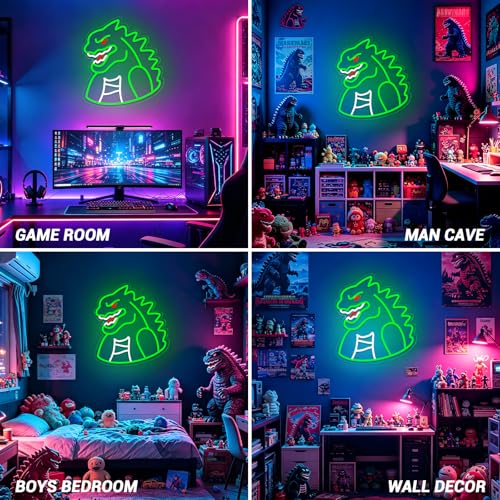 Image of Monster Neon Sign Lights for Wall Decor, Dinosaur LED Sign for Room and Man Cave Decor, Dimmable Powered LED Signs for Boys Bedroom, Party, Birthday, Christmas Gift