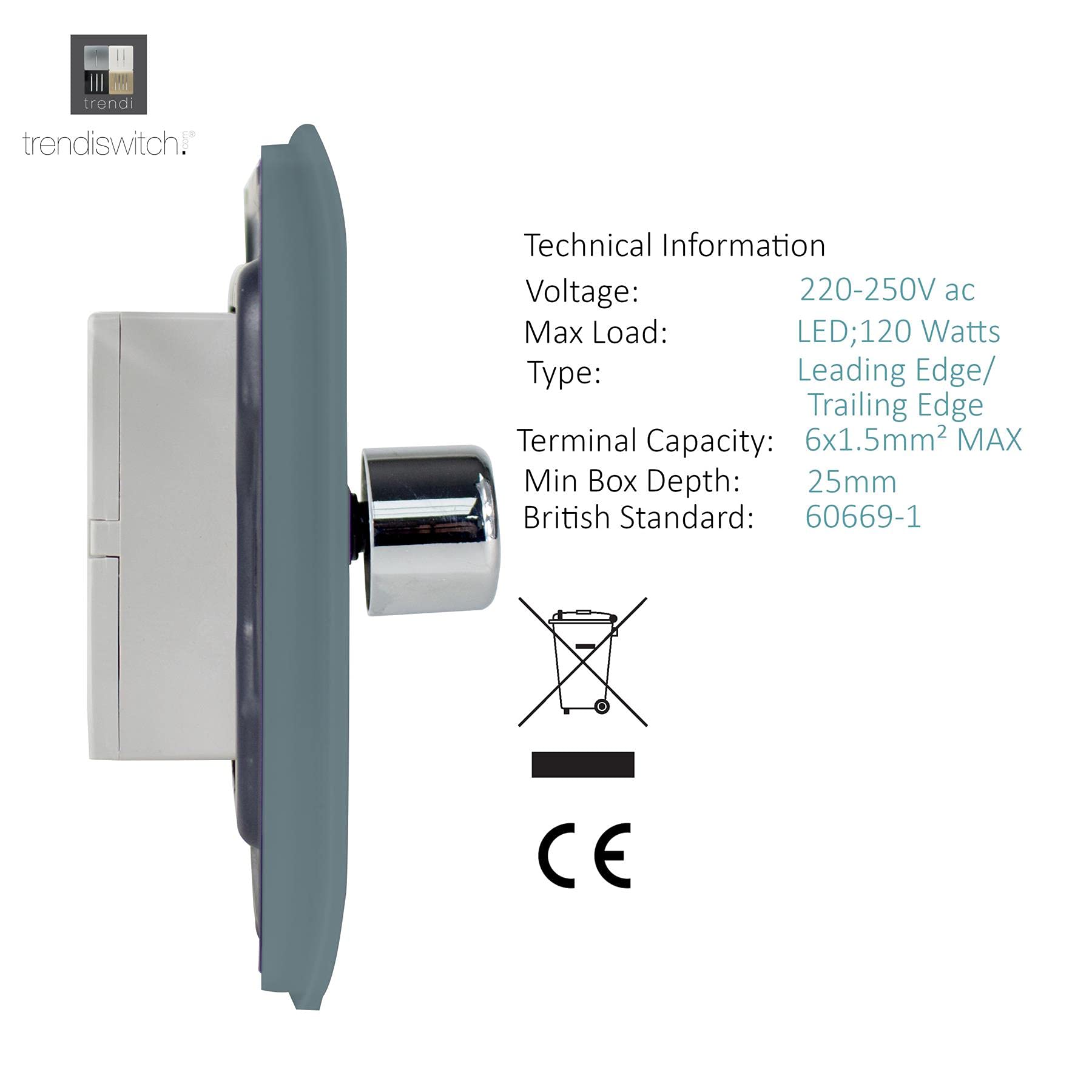 Trendi Artistic Modern Glossy Tactile 2 Gang 2 Way 120w LED Dimmer Switch Cool Grey - Image 3
