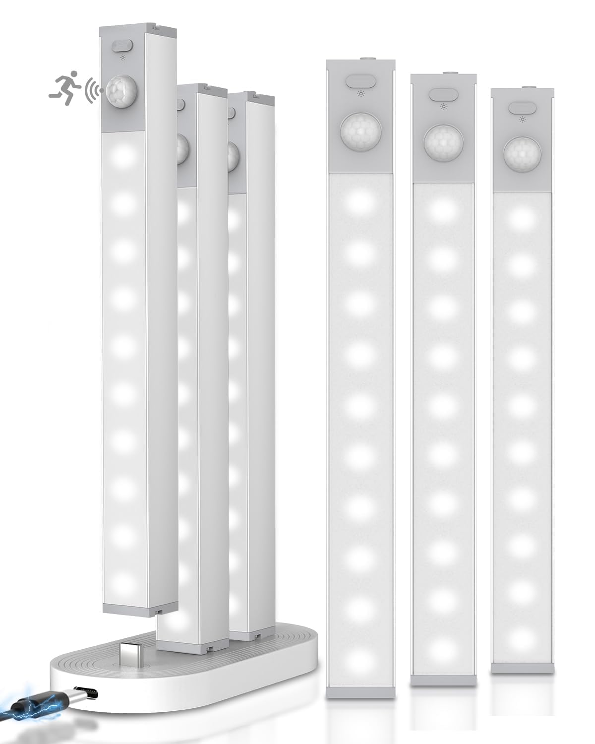 GOODEA Bezprzewodowa lampa LED do szafy 18 cm ze stacją ładującą, 6 sztuk, lampa LED, czujnik ruchu, do szafy na pranie, regał na książki, schody, korytarz