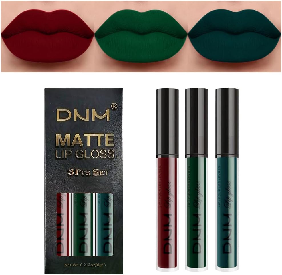 AMY'S DIARY 3Pcs Dark Red Green Matte Liquid Lipstick Sets,Matte Lipstick Lip Stain Long Lasting 24 Waterproof Lip Gloss Gift Set Matt Liquid Makeup Lipstick for Women