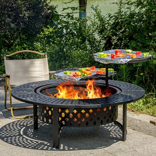 Self-Burning Grill OutVue 47 Inch Fire Pit with 2 Grills, Wood Burning Fire Pits for Outside with Lid & Poker, BBQ&...