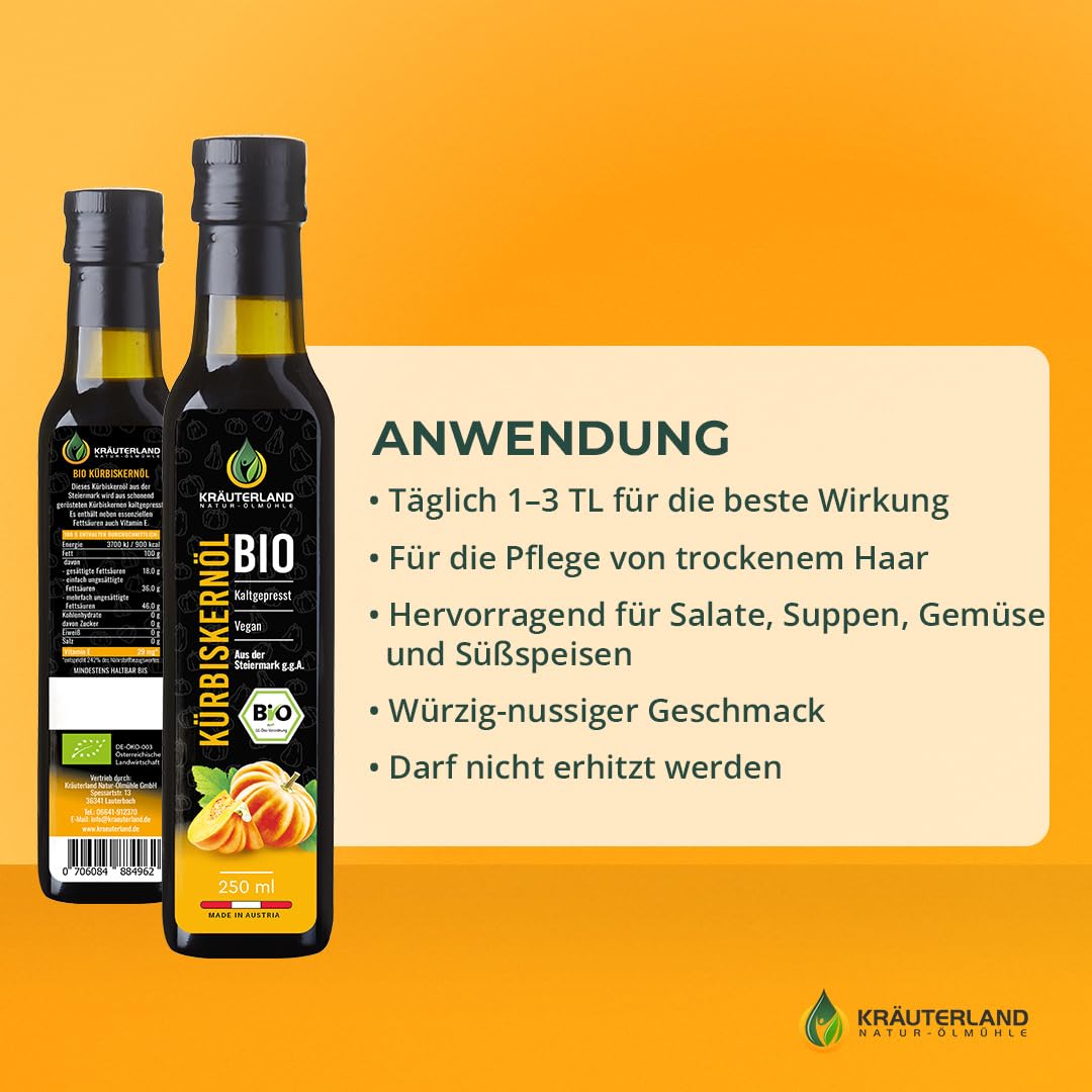 Kräuterland steirisches Bio Kürbiskernöl 4X 250ml (1Liter) geröstete Kerne | 100% naturrein, vollmundig & nussig, GVO-frei, für Salat, Suppe & Süßspeisen, mehrfach ungesättigte Fettsäuren & Vitamin E