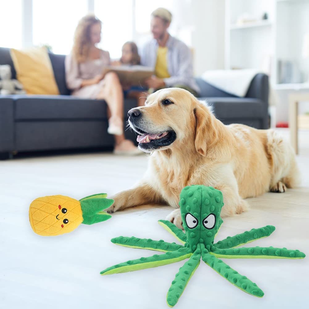 Juguetes Chirriantes Para Perros - Pack De 2 (pulpo Y Plátano), De Felpa Suave Con Papel Arrugado Dentro | Ideales Para Masticar, Jugar Y Limpiar Dientes