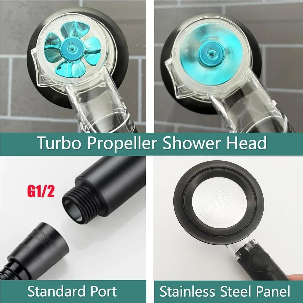 Cabezal de ducha turbo de alta presión con 3 modos de pulverización, visualización de temperatura, boquilla de alto flujo, sistema de ducha a presión para una experiencia de baño definitiva (negro)