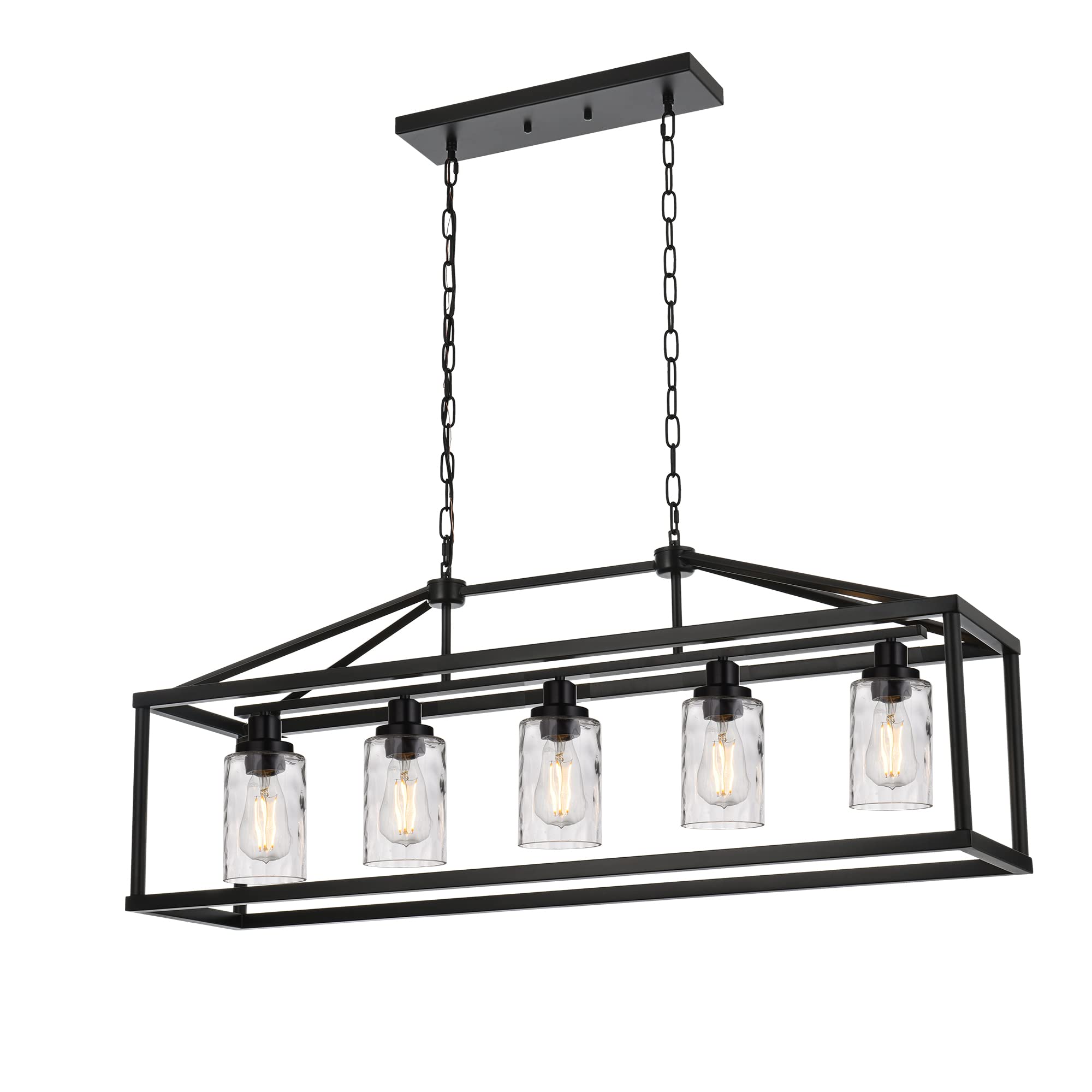 BONLICHT Black Farmhouse Chandeliers Rectangle 5 Light Modern Kitchen Island Pendant Light with Clear Water Glass Industrial Linear Dining Room Lighting Fixture Hanging Flush Mount Ceiling Lights