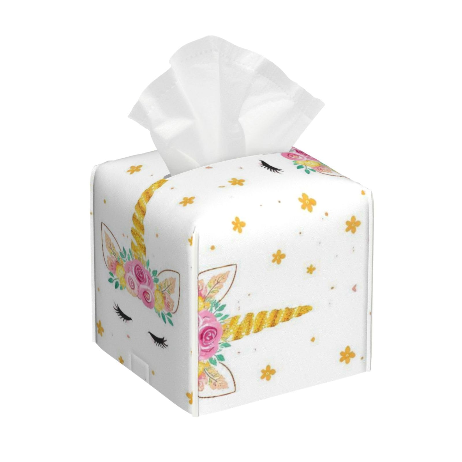 Flower Unicorns Eyelash Leather Tissue Box Cover Holder Square Facial Paper Organizer 5.2" X 5.2" X 5.2"