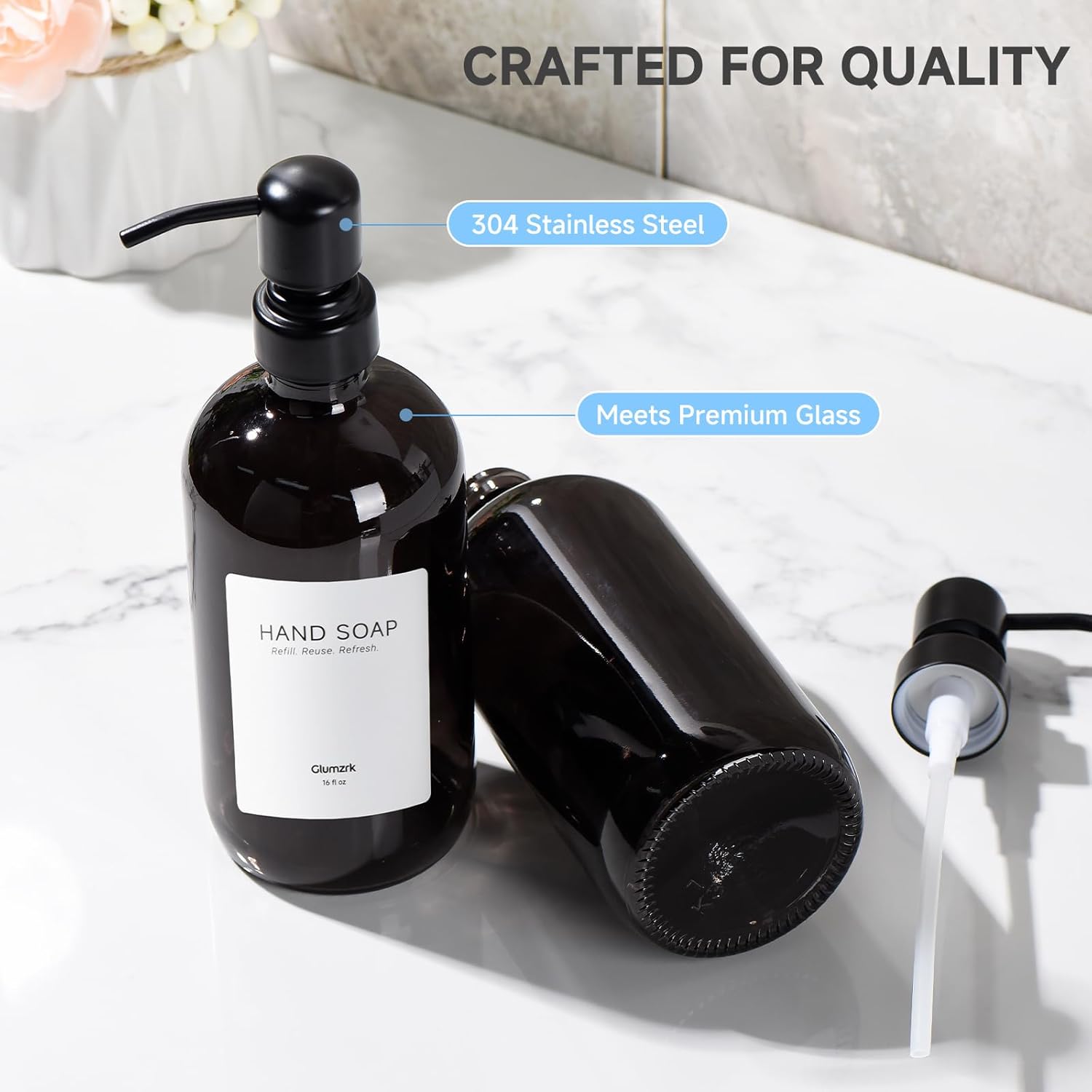 2 Pack Kitchen Soap Dispenser Set - 16oz Black Glass Dish and Hand Soap Dispenser with Stainless Steel Pump, Instant Dry Tray, Dish Brush & Holder, Refillable Countertop Sink Decor for Kitchen & Bath