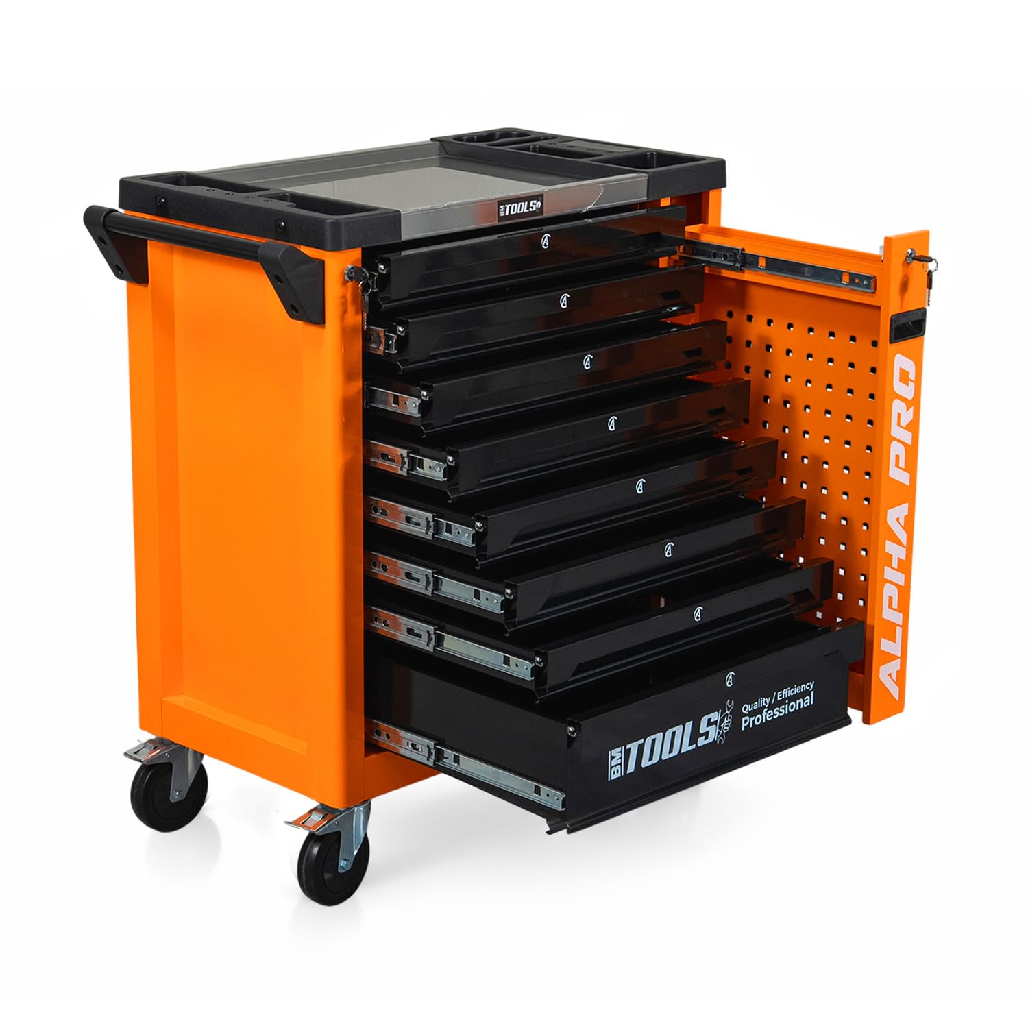 BM TOOLS Servante d'Atelier Garage Automobile Alpha-Pro - 9 Tiroirs - 311 Outils, 4 Roues, 2 Freins, Chariot Mecanicien - Orange