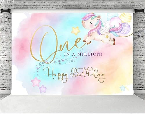 Miniatura 4 de Telón de fondo de unicornio rosa de ensueño para el primer cumpleaños de 5 x 3 pies, fondo uno en un millón para niñas y niños, fotografía de