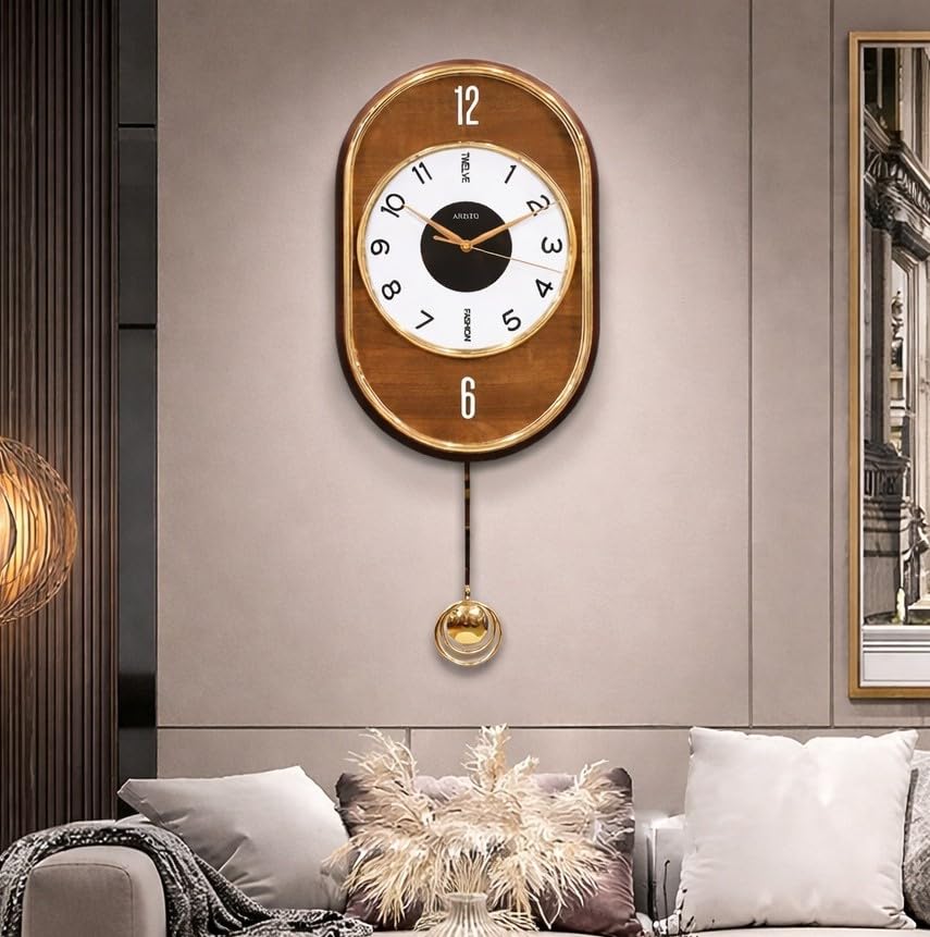 Image of ARMONIA Designer Pendulum Wall Clock for Living Room - Large Decorative Acrylic Lolak Wall Clock with Silent Sweep Movement, Modern Vintage Style Home Decor Clock for Bedroom & Office (Brown, 70x30cm)