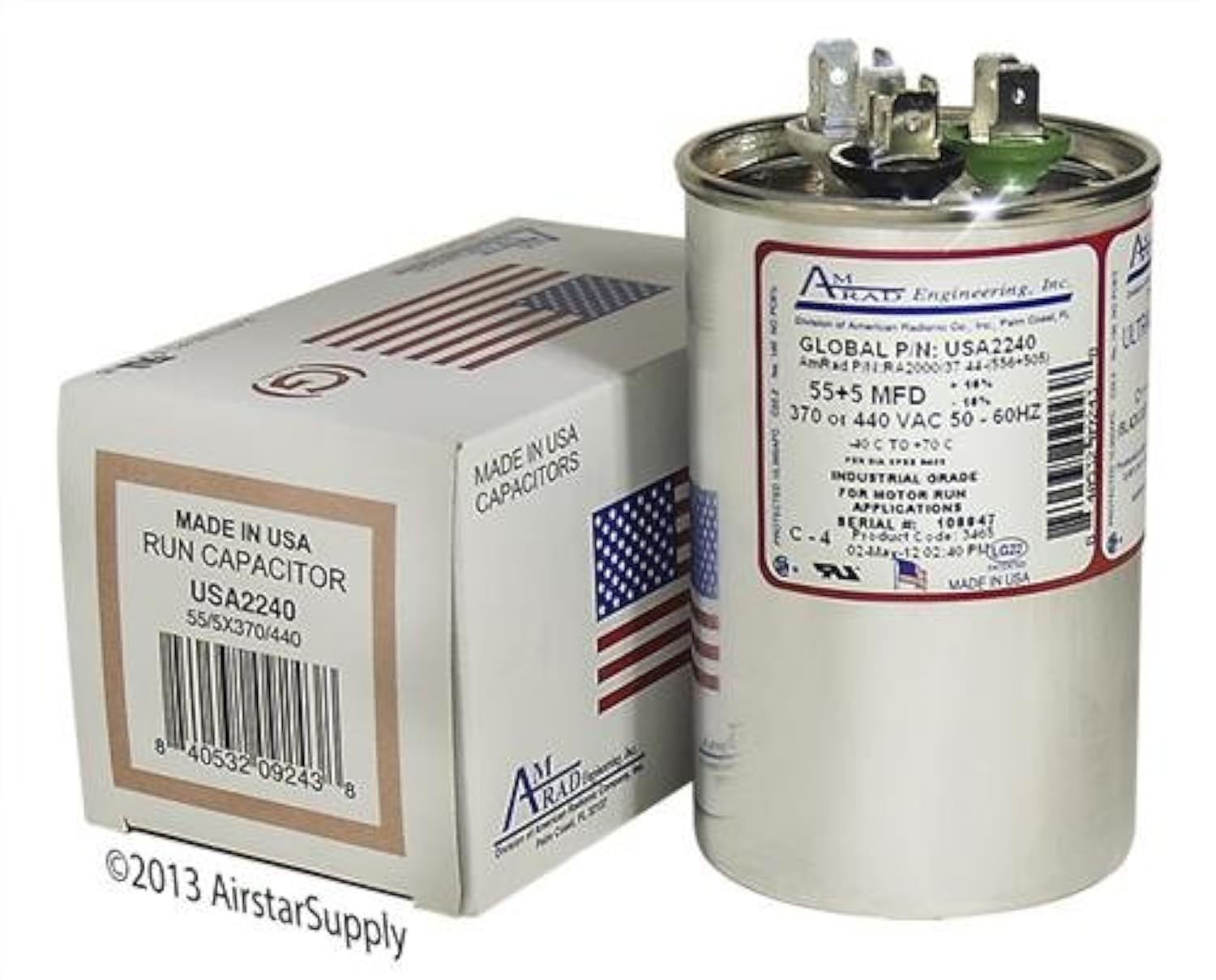 Goodman CAP050550440RTP Replacement - 55 + 5 uf/Mfd 370/440 VAC AmRad Round Dual Universal Capacitor, Made in The U.S.A.