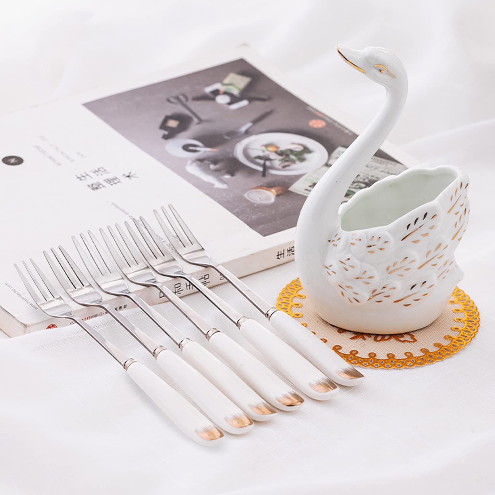 Ceramiche squisite ， Set di cucchiai forchetta in acciaio inossidabile con manico in ceramica for uso domestico, set di cucchiai di forchette for torte da dessert, forchette da frutta, ornamenti for l