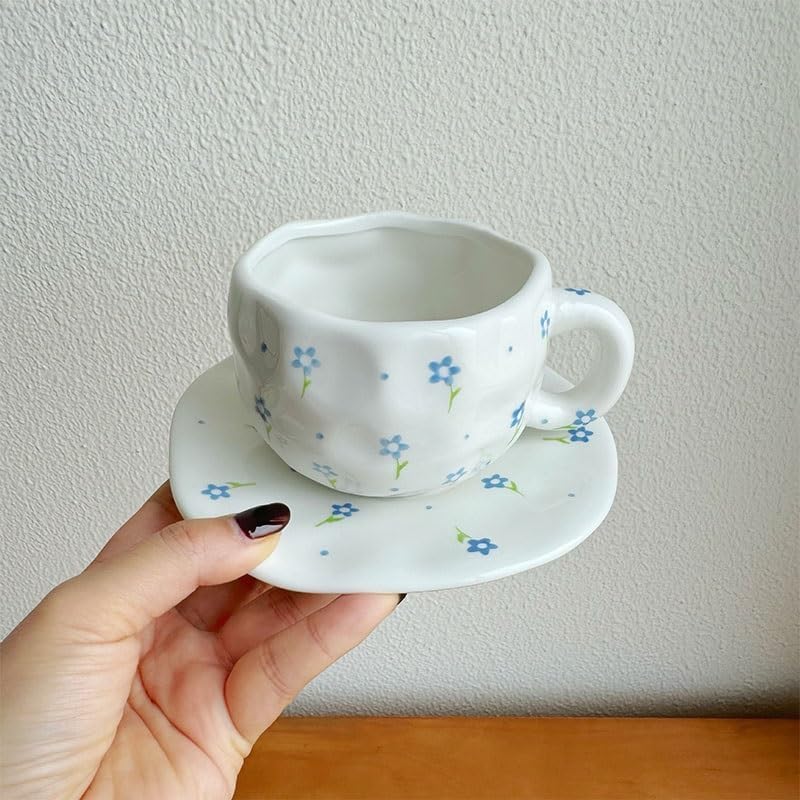 Handmade Irregular Cup Mouth Ceramic Floral Cup Banquet Afternoon Tea Cup Saucer Set