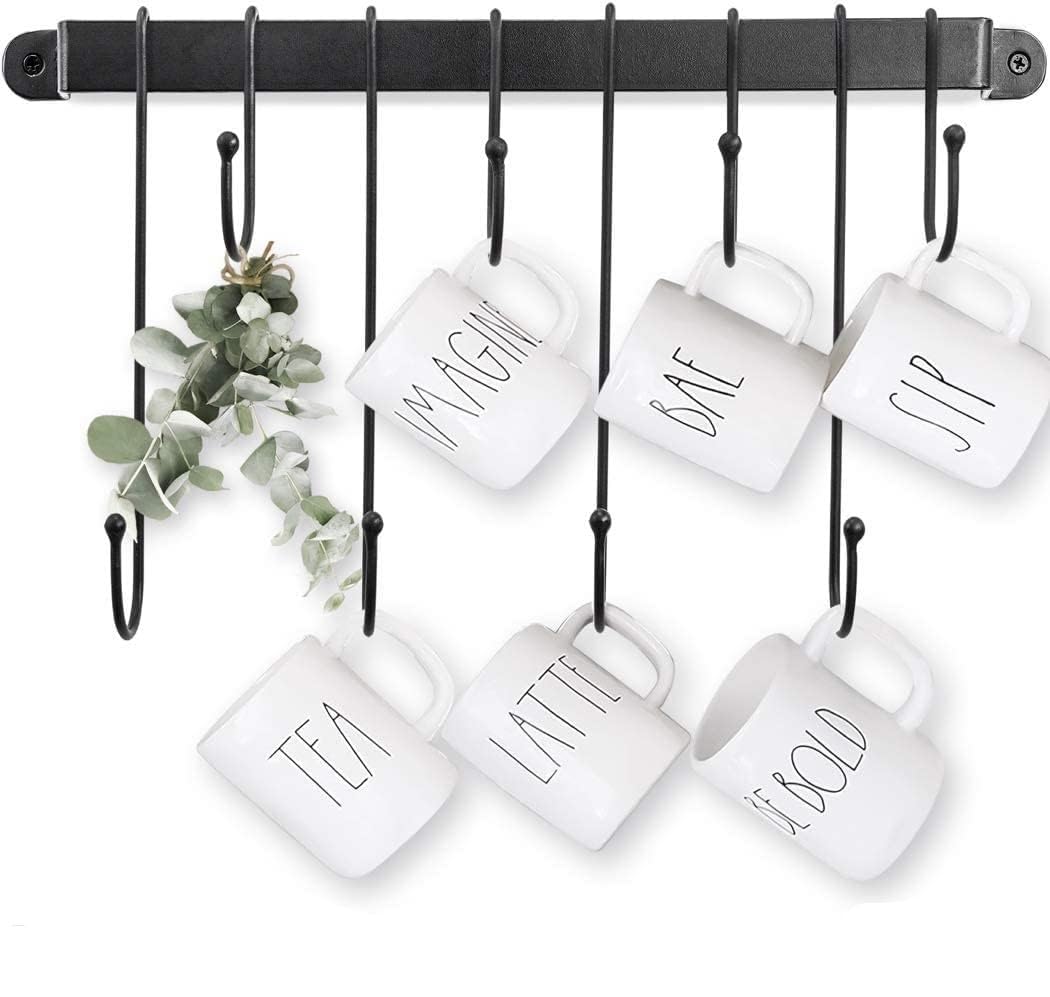 Vervique Emporium Iron Wall Mounted Coffee Mug Holder｜Coffee Cup Rack with 8 Hanging Hooks for Kitchen Organizer and Storage, Mug and Cup Display Hanger (Black)